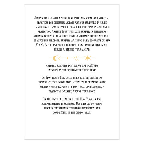 Juniper-themed greeting card featuring a gold design on a black background with celestial and botanical motifs. The text reads: 'Protection & Purification.' The inside message explains the magical and spiritual significance of juniper, including rituals for New Year's Eve and the first full moon, focusing on protection and purification practices.